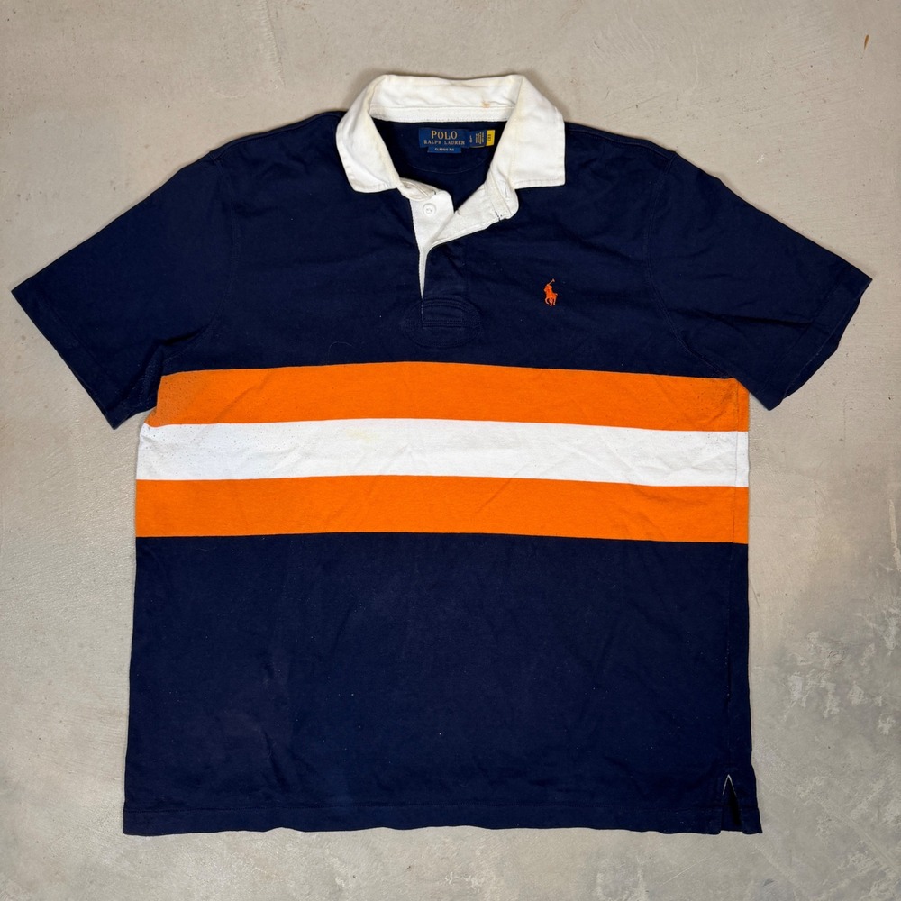 Polo Ralph Lauren Mens Classic Fit Rugby Polo Shirt Navy Orange White Large